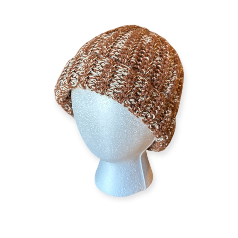 New Handmade Crochet Beanie Fold over Hat Winter Toffee Brown Cream Speckled